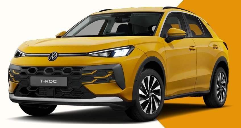 Volkswagen T-Roc Life gialla dalla locandina promozionale Hub Rent Cervo