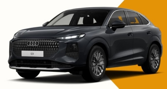 Audi Q3 Sportback grigio scuro della locandina promozionale Hub Rent Cervo