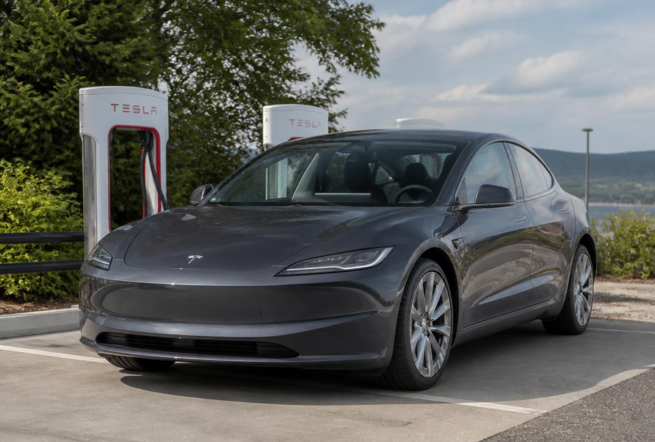 Tesla Model 3 RWD grigia in ricarica, offerta noleggio a lungo termine a 549 euro al mese